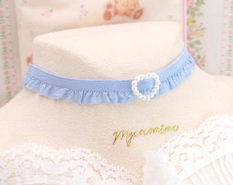 Light Blue Ruffles Lace Pearl Heart Skinny Choker Necklace, Fairy Core jewelry day collar Rococo Romantic