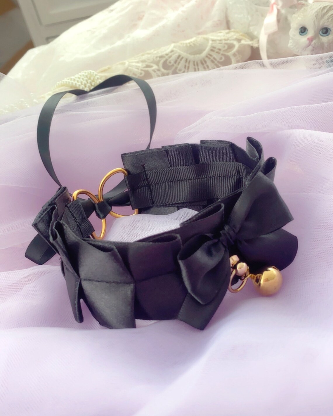 Choker Necklace kitten Pet Play Collar All Black GOLD Bell O Etsy
