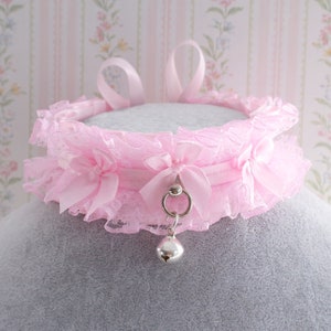 Sweet baby pink choker necklace , kitten pet play collar gear , lace ruffles bows bell , romantic princess Kawaii DDLG accessories