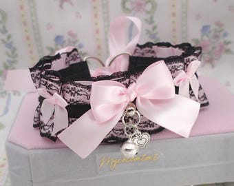 Baby Pink Bow Black Lace Kitten Pet Play Collar Choker Necklace, with a little bell and heart  , pastel goth alternative girl jewelry