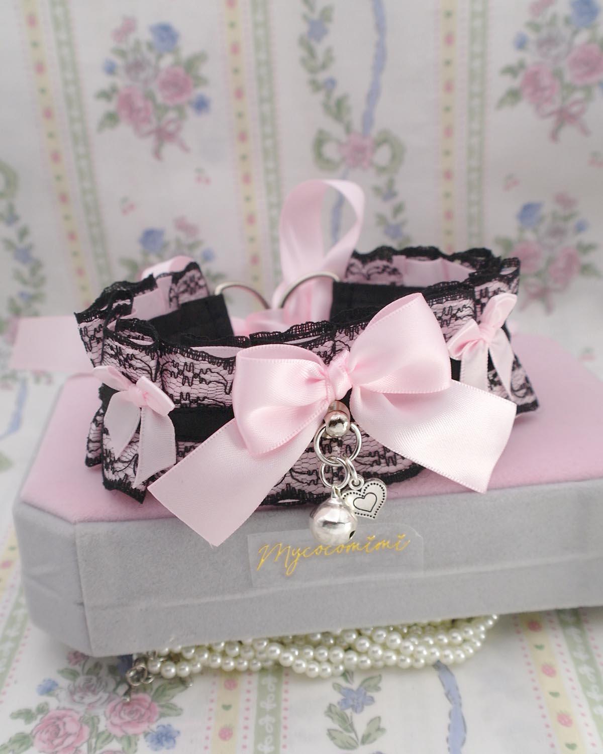 Baby Pink Bow Black Lace Kitten Pet Play Collar Choker Necklace, with a little bell and heart  , pastel goth alternative girl jewelry