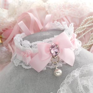 Glam Rhinestone baby pink white lace choker necklace , kitten play collar , pink bow with a bell  , kawaii cute princess pet play