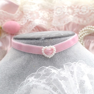 Romantic baby pink velvet faux pearl heart choker necklace ,pretty dainty  jewellery  kawaii day collar pastel