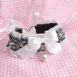 Spikes Studs Black and White Lace Satin  Kitten Pet Play Collar Choker Necklace ,white bow with a Bell , Kawaii Goth Gothic Neko