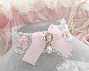 Fairy Core Rococo Cameo White lace choker necklace, baby pink lace bow faux pearl pendant , super cute glam day collar kawaii