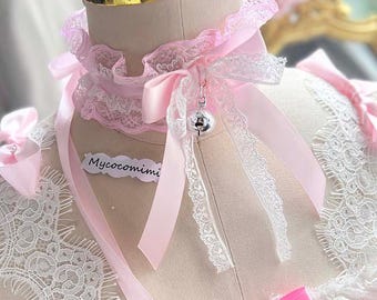 Baby Pink Ruffles Lace Pearl Heart Choker Necklace, Cute Lolita