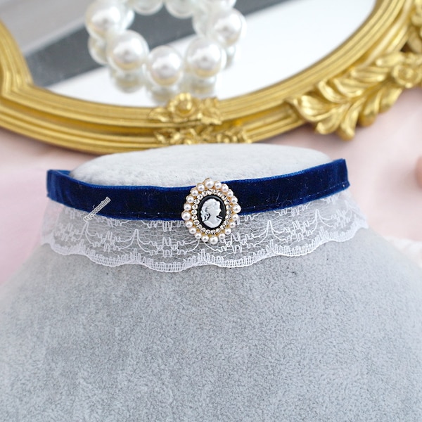 Victorian girl head faux pearl cameo Navy dark blue velvet choker necklace , white lace , cute day collar accessories rococo