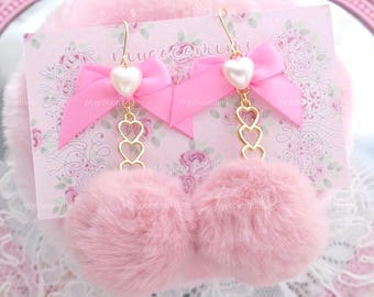 Coquette Fur Ball  Hot Pink Pearl Bow Gold Heart Earrings (Dangle / Clip On), Romantic Glam Soft Girl Pastel Jewelry