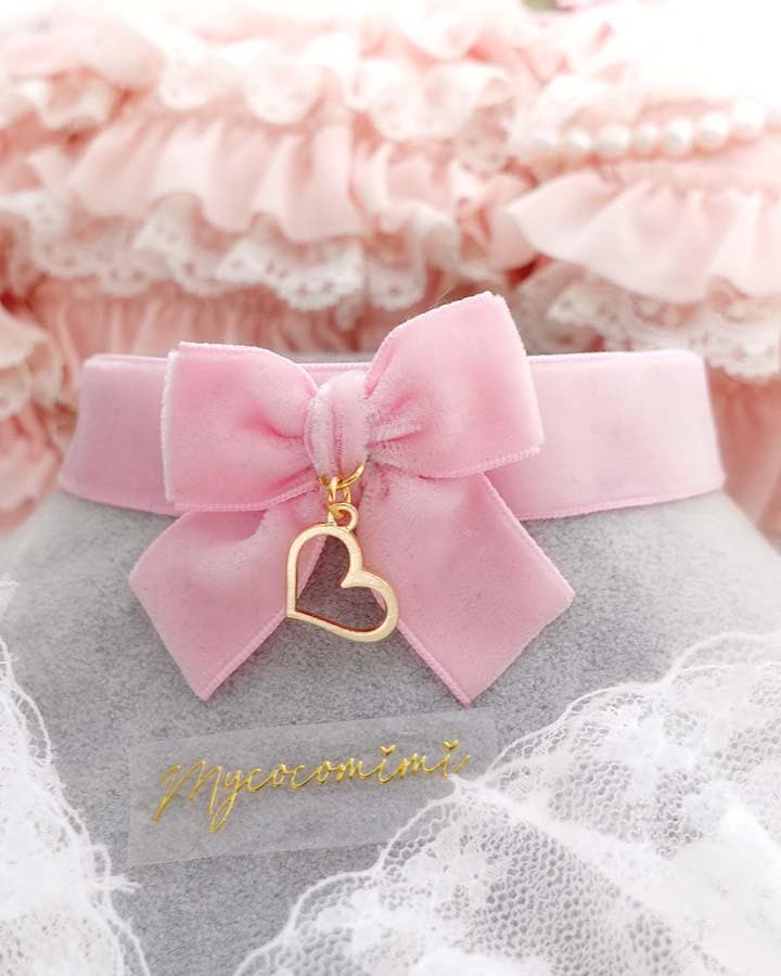 Baby Pink Velvet Bow Gold Heart Pendant Choker Necklace , Coquette Core ...