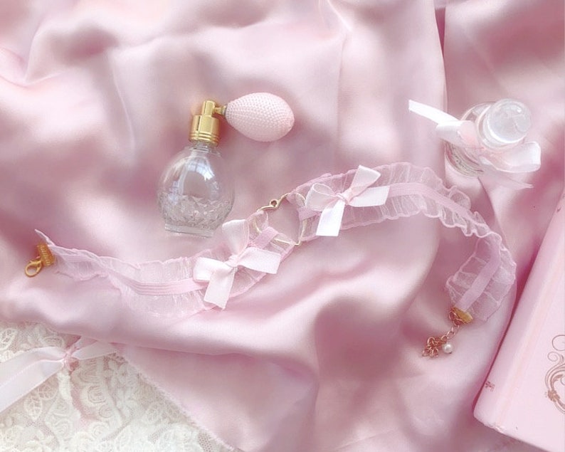 Baby Pink Lace Bow Gold Heart Choker Necklace Cute Jewelry - Etsy
