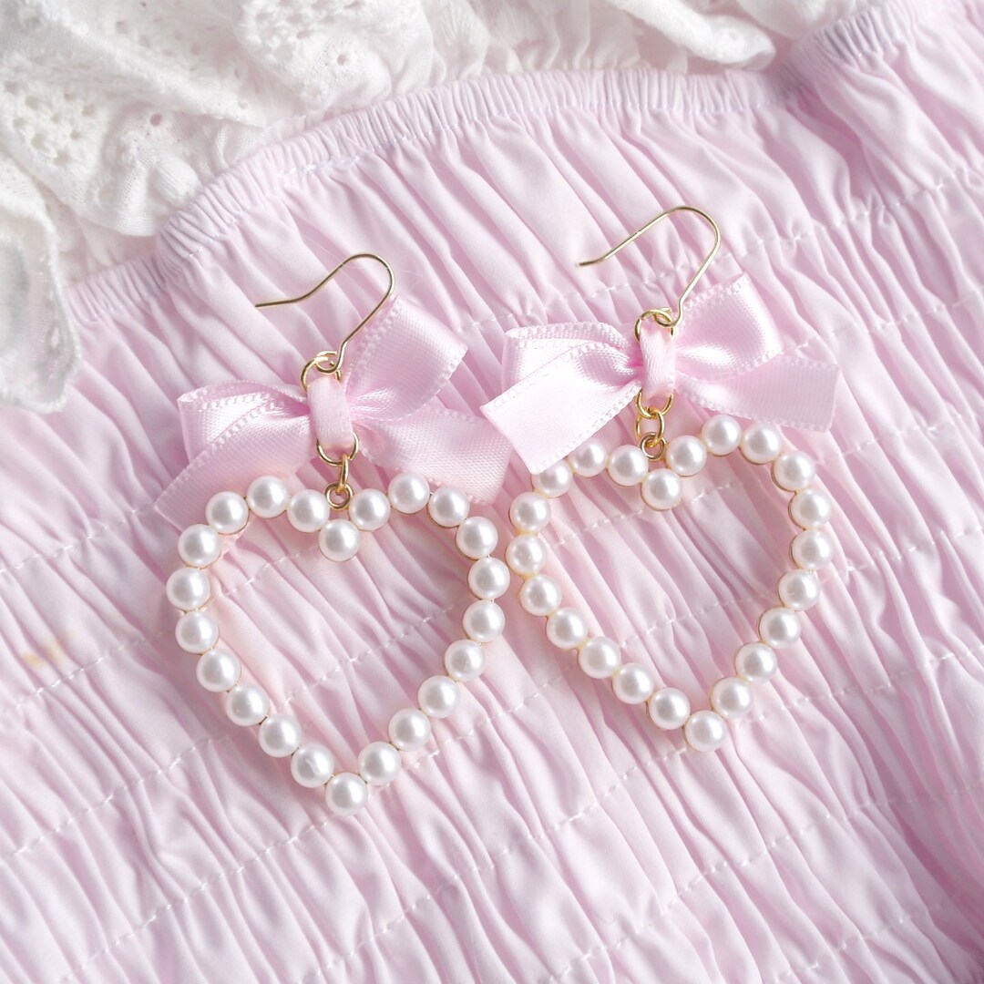 Pastel Baby Pink Satin Bow Pearl Heart Earrings dangle Clip On Pastel Baby Pink Satin Bow Pearl Heart Earrings dangle Clip On