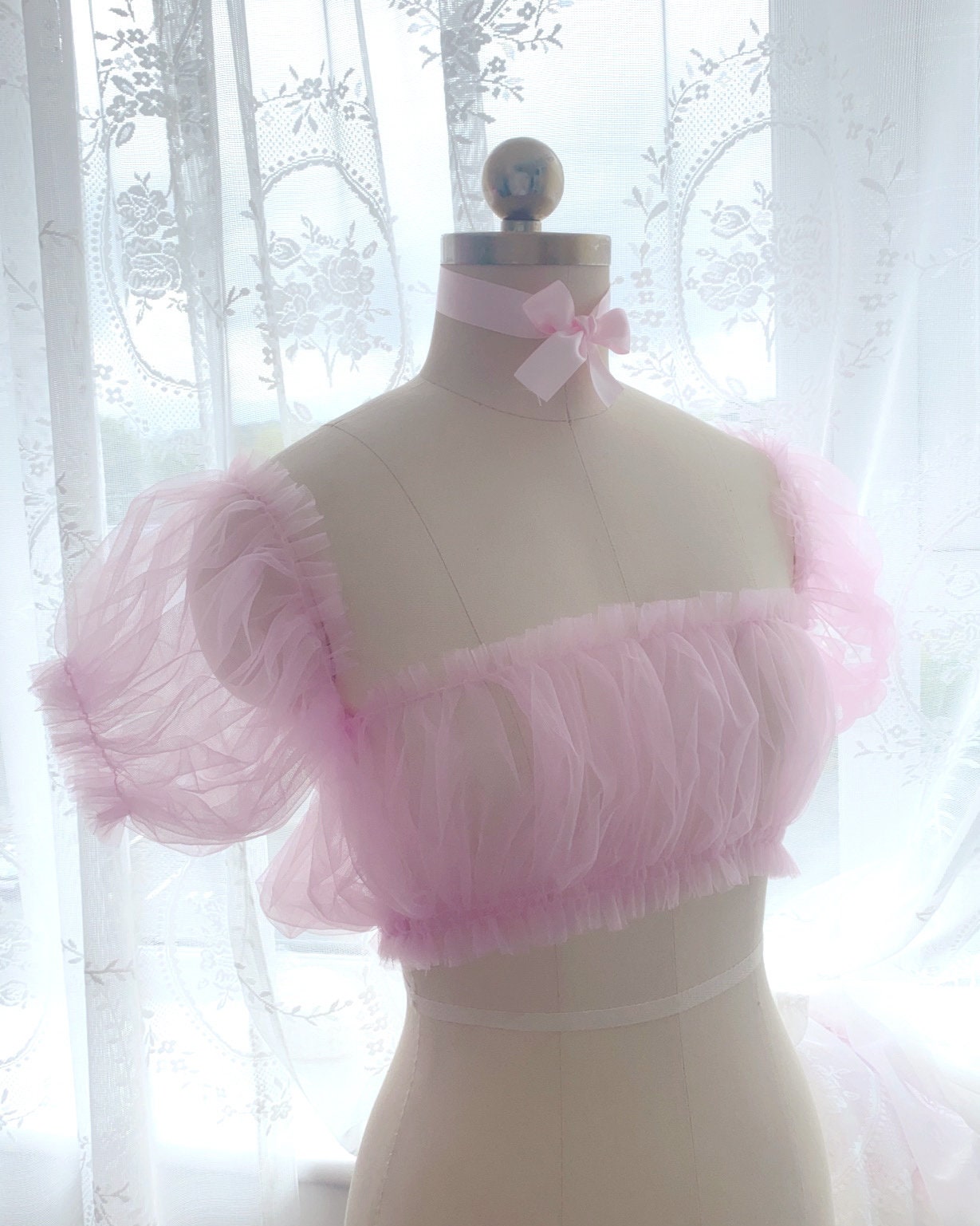 Romantic Pastel Baby Pink Tulle Tube Crop Top off Shoulder Puff