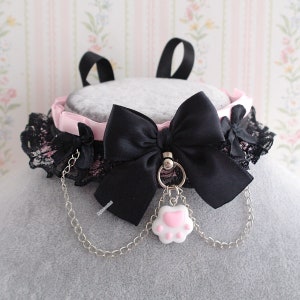 Little paw pendant baby pink choker necklace kitten play collar , black lace ruffles chain , kawaii cute neko girl accessories