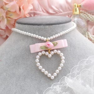 Fairy Core Pink Flower Rose Pearl Heart Baby Pink Bow Faux Pearl necklace , glam elegance princess core soft girl accessories