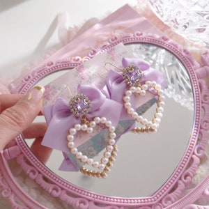Luxury rhinestone lilac light purple bow Faux Pearl Heart Dangel Earrings (Dangle / Clip On), Cute Elegance Jewelry