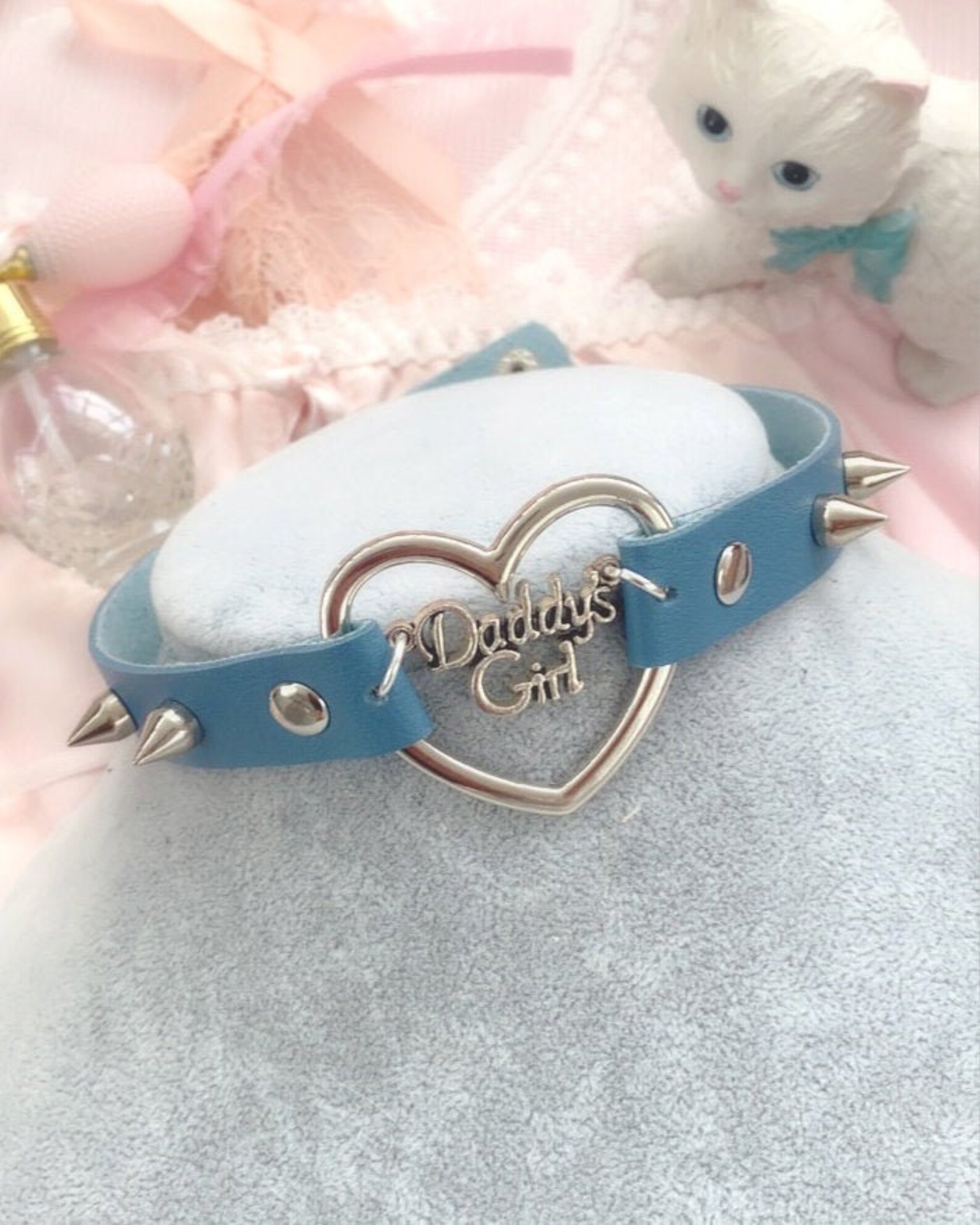 Choker Necklace BDSM Daddys Girl blue Faux Leather Heart Etsy