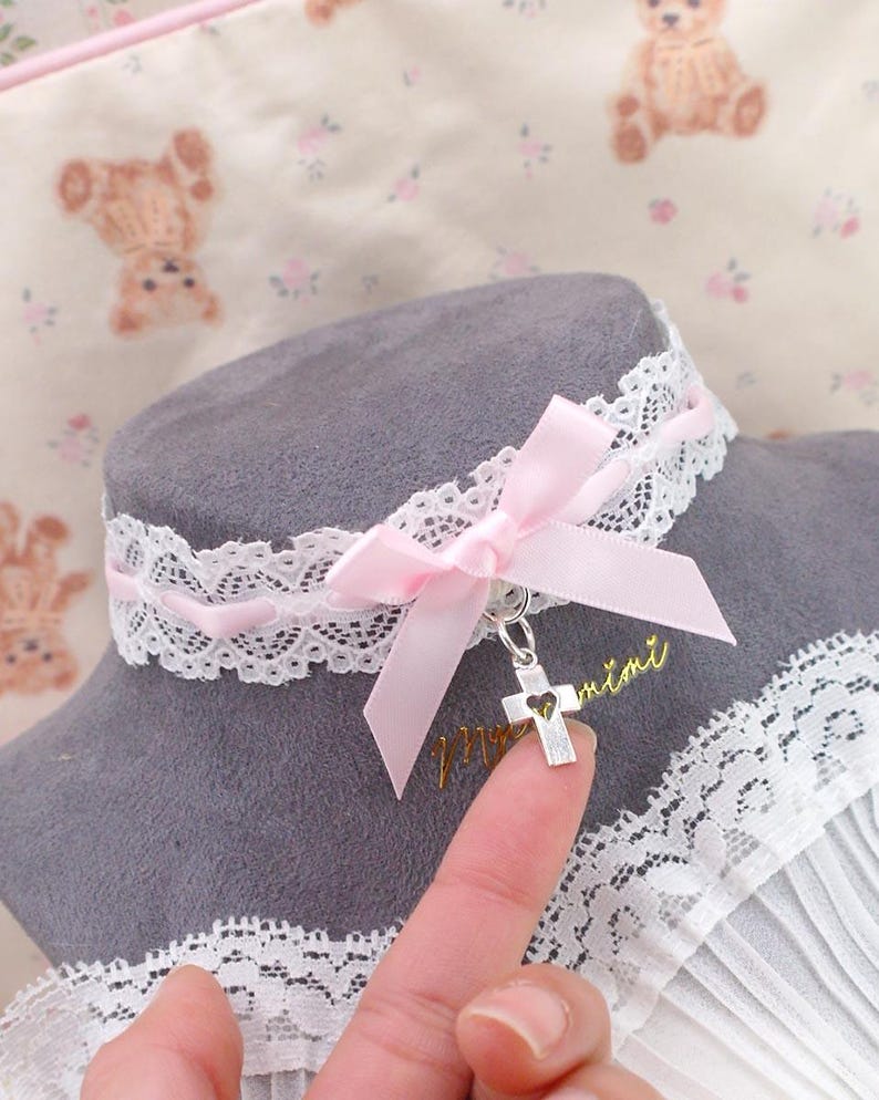 Heart Cross Pendant Kawaii White Lace Baby Pink Bow Choker Necklace ...