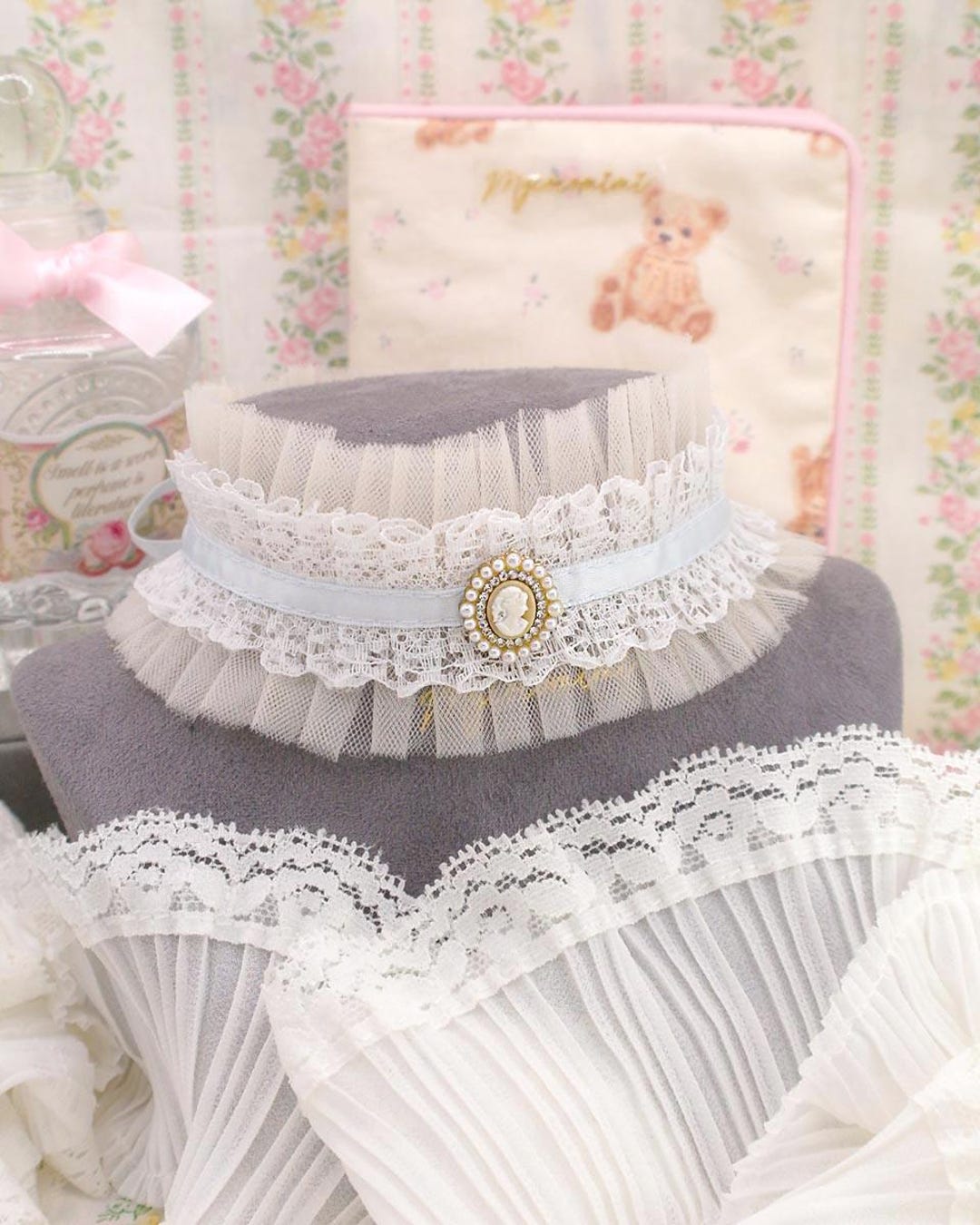 Coquette Lady Head Cameo Beige Tulle White Lace Ruffles Baby Blue Bow ...