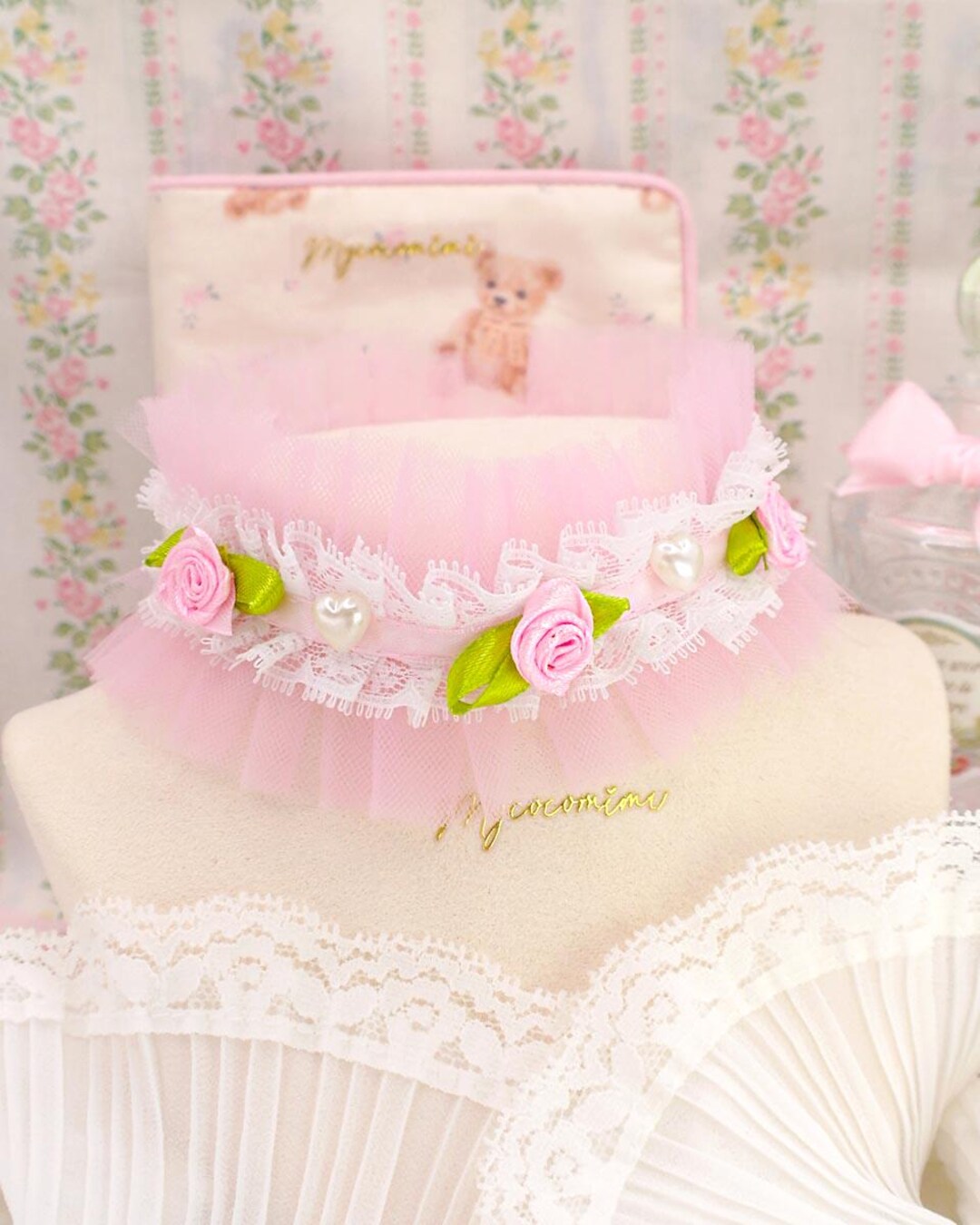SALE - Coquette Flower Rose Baby Pink Tulle White Lace Ruffles Pearl ...