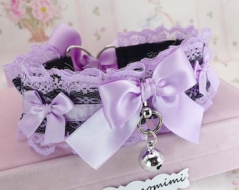 Lilac Purple Lace Black Choker Necklace Kitten Play Collar bow and bell, pastel alternative jewellery