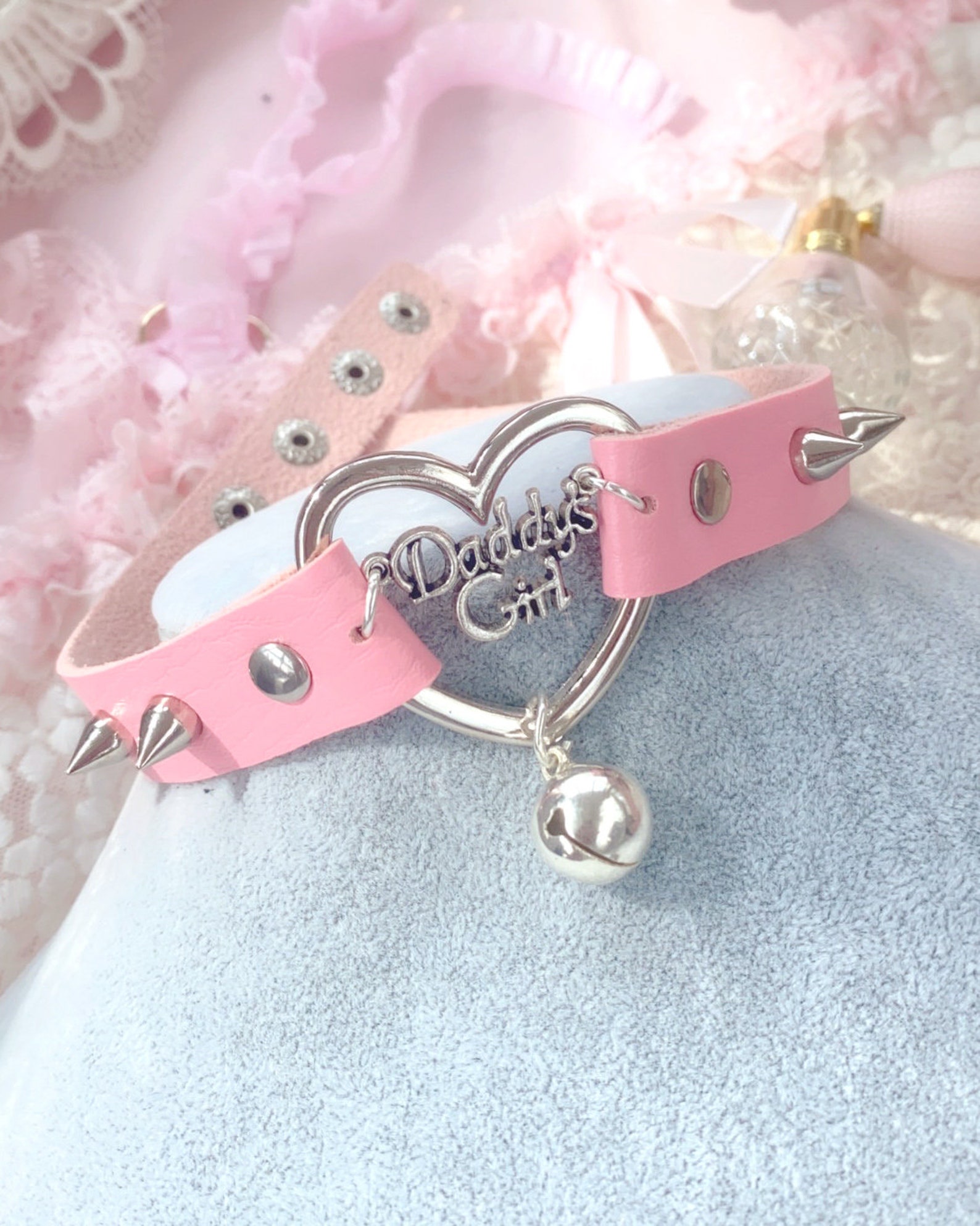 Choker Necklace Daddys Girl Pink Faux Leather Heart Bell Etsy