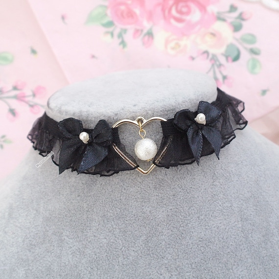 All black ruffles lace choker necklace,little bow gold heart faux pearl pendant , super cute day collar kawaii goth dark , special
