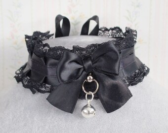 All Black Choker Necklace Kitten Play Collar Satin Lace Ruffles bow with a bell   , cute gothic  goth  Daddys Girl DDLG Jewelry