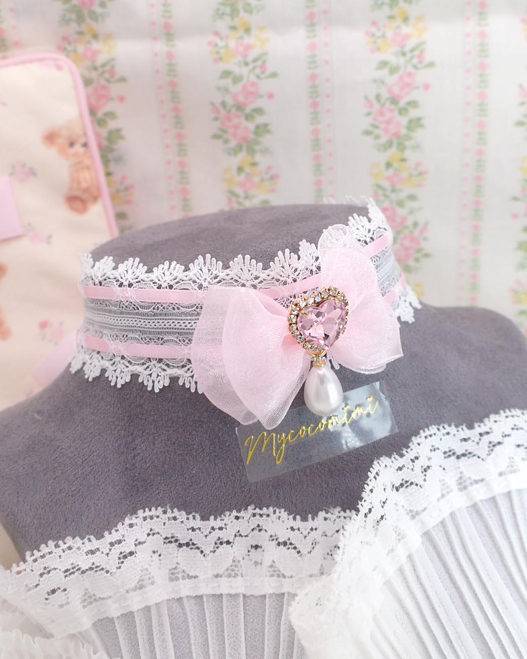 Coquette Rhinestone Heart Baby Pink Bow White Lace Choker Necklace ...