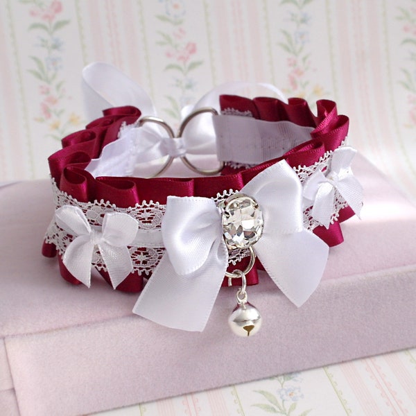 Burgundy red choker necklace kitten pet play collar , white lace bling rhinestone bow with bell , cute goth vampire style