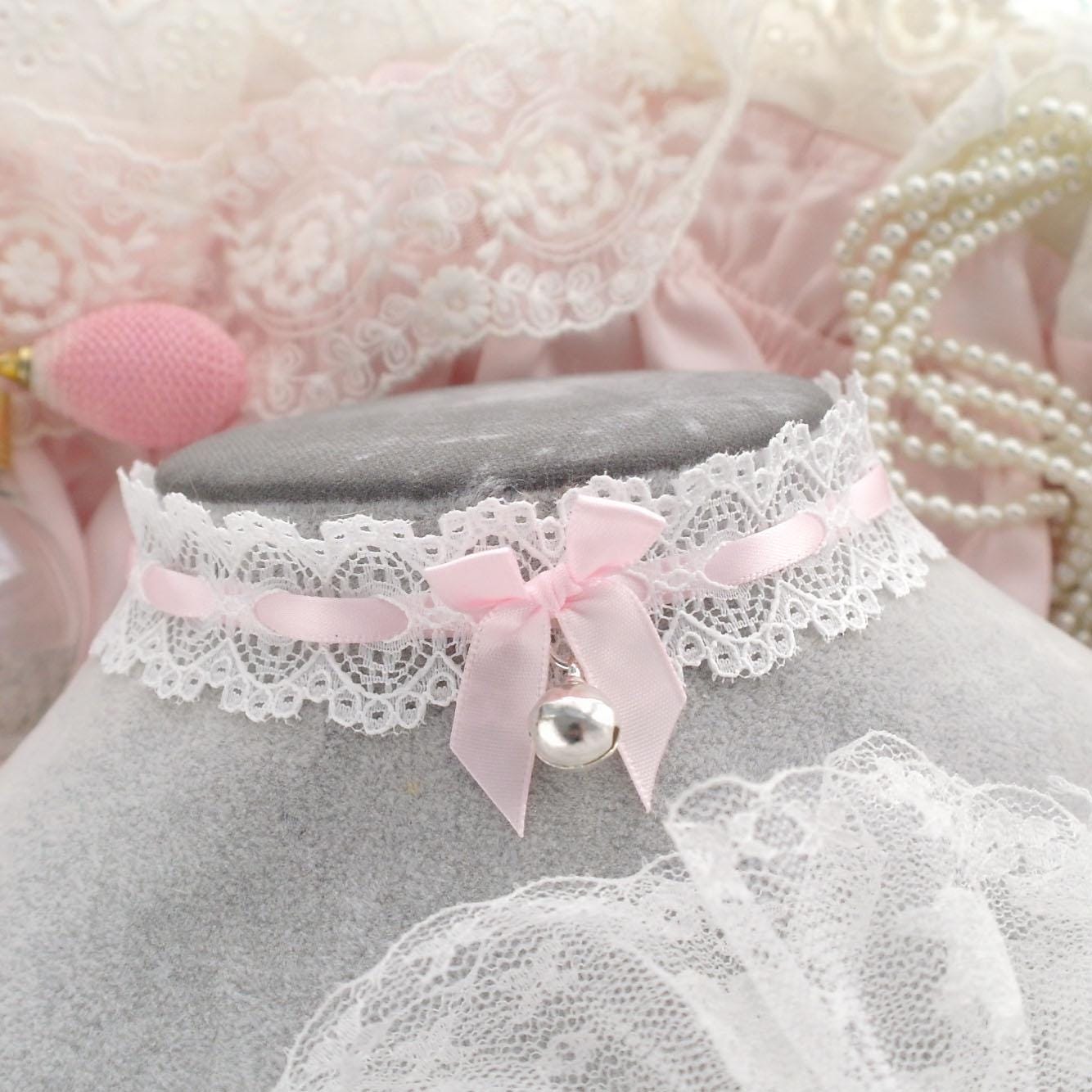 Kawaii White Lace Baby Pink Bow Choker Necklace , Little Bell , Cute ...