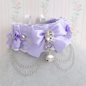 Pet Play Collar Lilac Purple White Lace Luxury Bling Rhinestone Bow Bell Double Chain ,Kitten Play Choker Necklace , Pastel Goth Cosplay