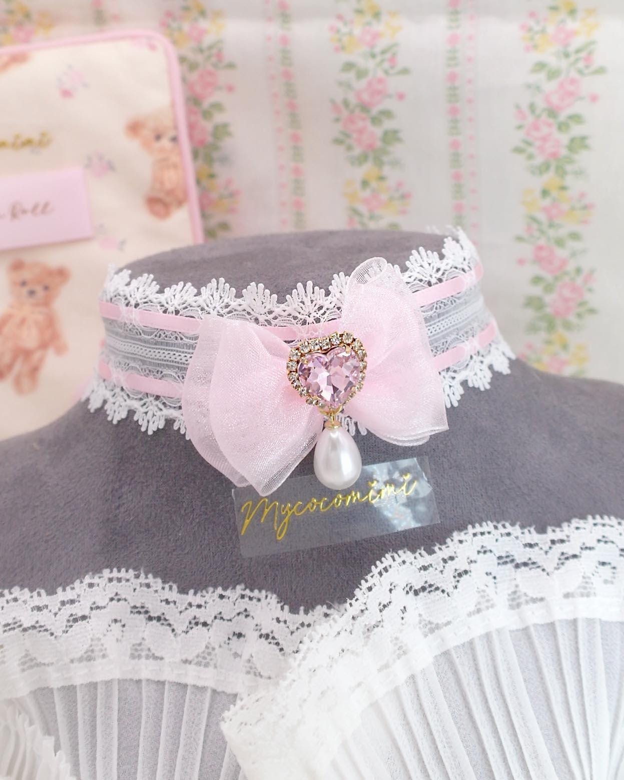 Coquette Rhinestone Heart Baby Pink Bow White Lace Choker Necklace ...