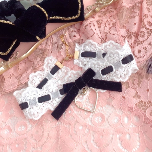 Black velvet bow and white lace choker necklace, gold heart pendant  , lolita cute style jewelry collar