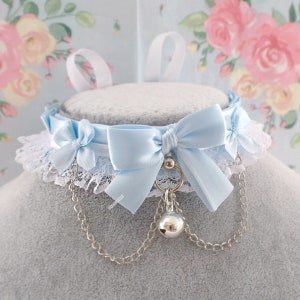 Baby blue satin choker necklace, kitten play collar, white lace ruffles bow chain with a bell , kawaii cute pastel color accessories