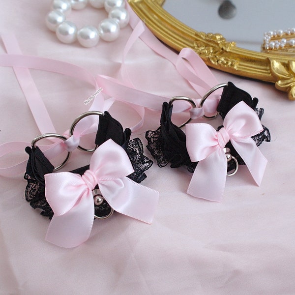 Black lace cuffs bracelet 2 pcs Set ,Kitten Pet Play Gear Wrist Cuffs lace ruffles baby pink bow , kawaii pastel goth accessoreis