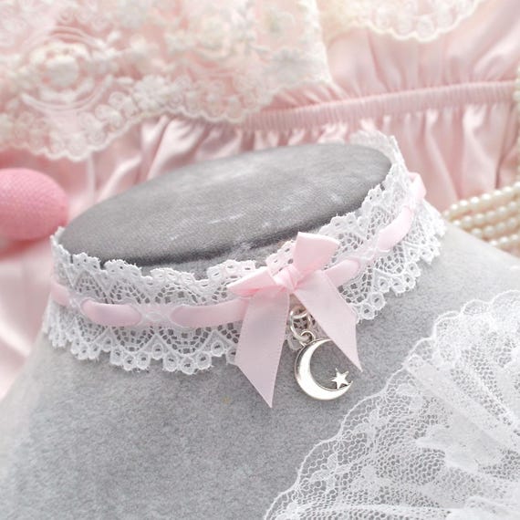 Little Crescent Moon Choker Necklace White Lace Baby Pink