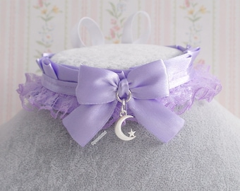 Lilac purple satin choker necklace, kitten play collar , lace ruffles little crescent moon pendant , kawaii cute pastel goth jewelry