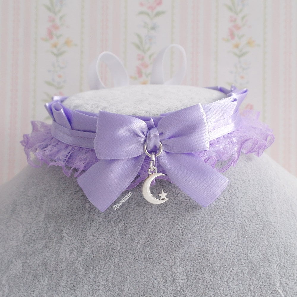 Lilac purple satin choker necklace, kitten play collar , lace ruffles little crescent moon pendant , kawaii cute pastel goth jewelry