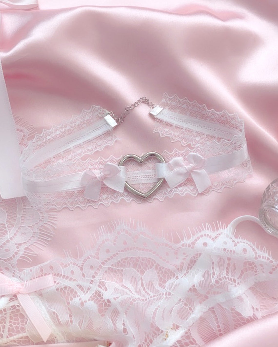 White Lace Baby Pink Bow Heart Choker Necklace , Cute Jewelry Day ...