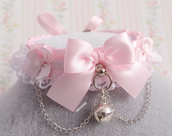 Kitten Pet Play Collar Gear ,Princess DDLG Choker Necklace Pink Satin White Lace Ruffles Chain Bow Bell Tug Proof Daddys Girl Kawaii pastel
