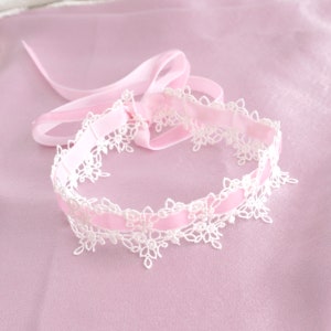 Romantic baby pink velvet tie light beige lace choker necklace collar , sweet jewelry