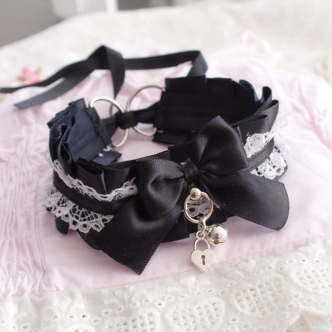 Black and White Lace Ruffles Choker Necklace , Kitten Play Collar , Bow ...