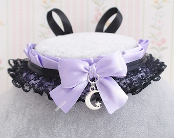 Little crescent moon lilac purple choker necklace, kitten play collar , black lace ruffles bow , cute pastel goth