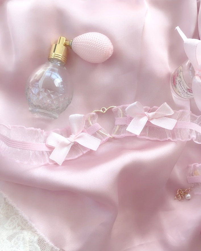 Baby Pink Lace Bow Gold Heart Choker Necklace , Cute Jewelry Day Collar ...