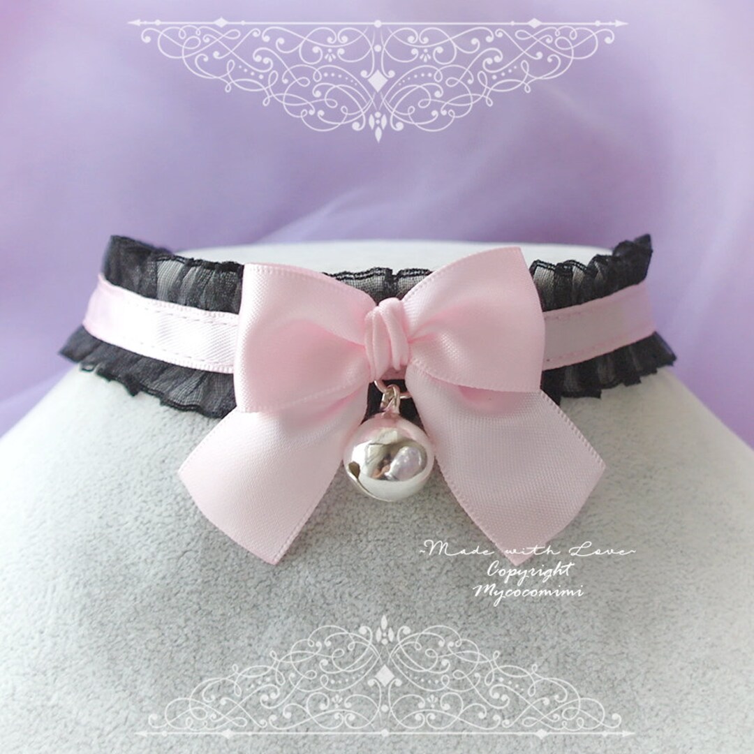 Black Lace Choker Necklace, Pink Bow Bell , Kitten Play Day Collar ...