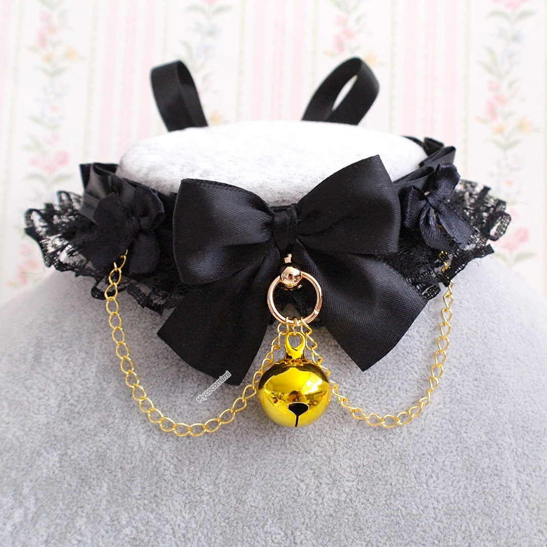 All Black Gold Bell Choker Necklace, Kitten Play Collar , Lace Ruffles ...