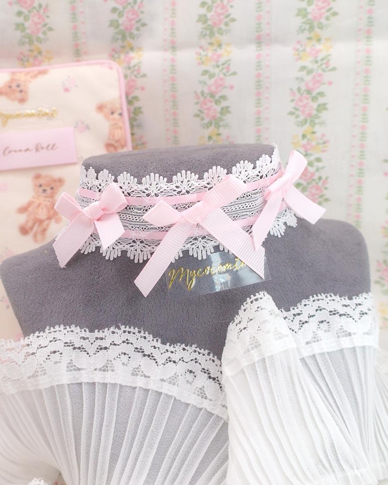 Coquette Baby Pink Bow White Lace Choker Necklace, Tie Closure , Simple ...