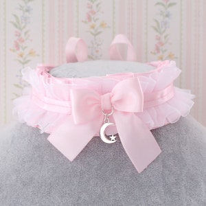 Kawaii baby pink choker necklace , kitten play collar , bow little crescent moon pendant , cute pastel accessories