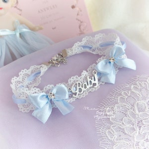 Baby Girl Lace Choker: Light Blue Bow, Rhinestone Collar