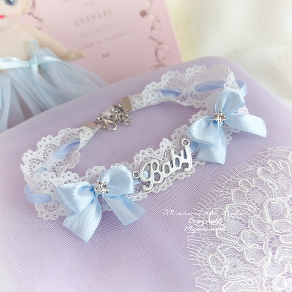 BABY Girl Choker Necklace Lace Light Blue Bow Bling Rhinestone neck collar pastel cute Romantic Fashion Everyday jewelry